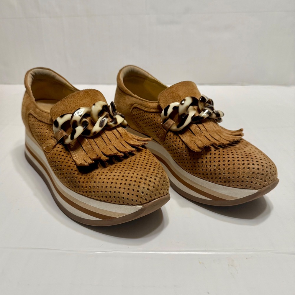 Softwalk Women Tan Suede Perforated Kiltie Fringe Chain Platform Loafers 37.5
